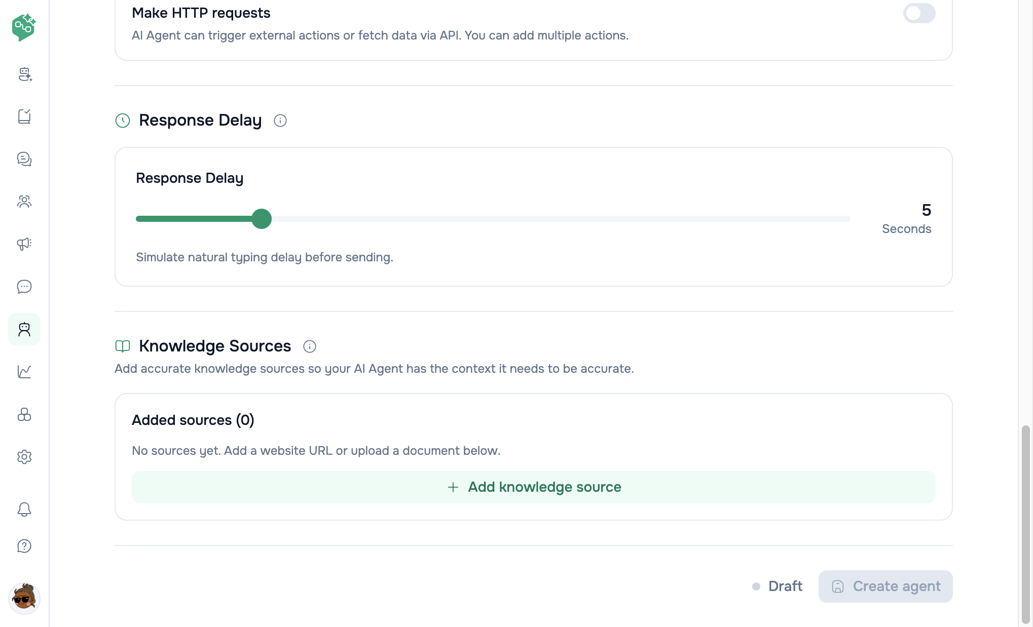 Vendschat Train AI Agent form showing Response Delay and Knowledge Sources with Add knowledge source, plus Create agent.