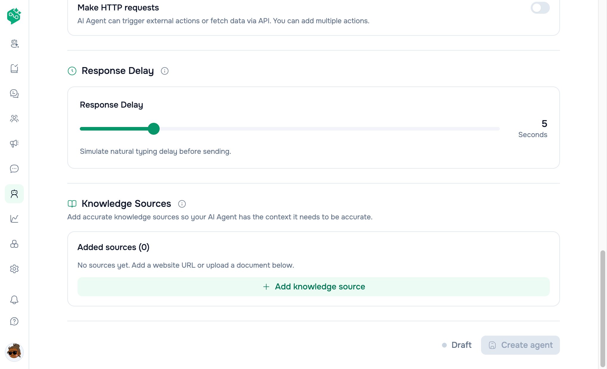 Vendschat Train AI Agent form showing Response Delay and Knowledge Sources with Add knowledge source, plus Create agent.