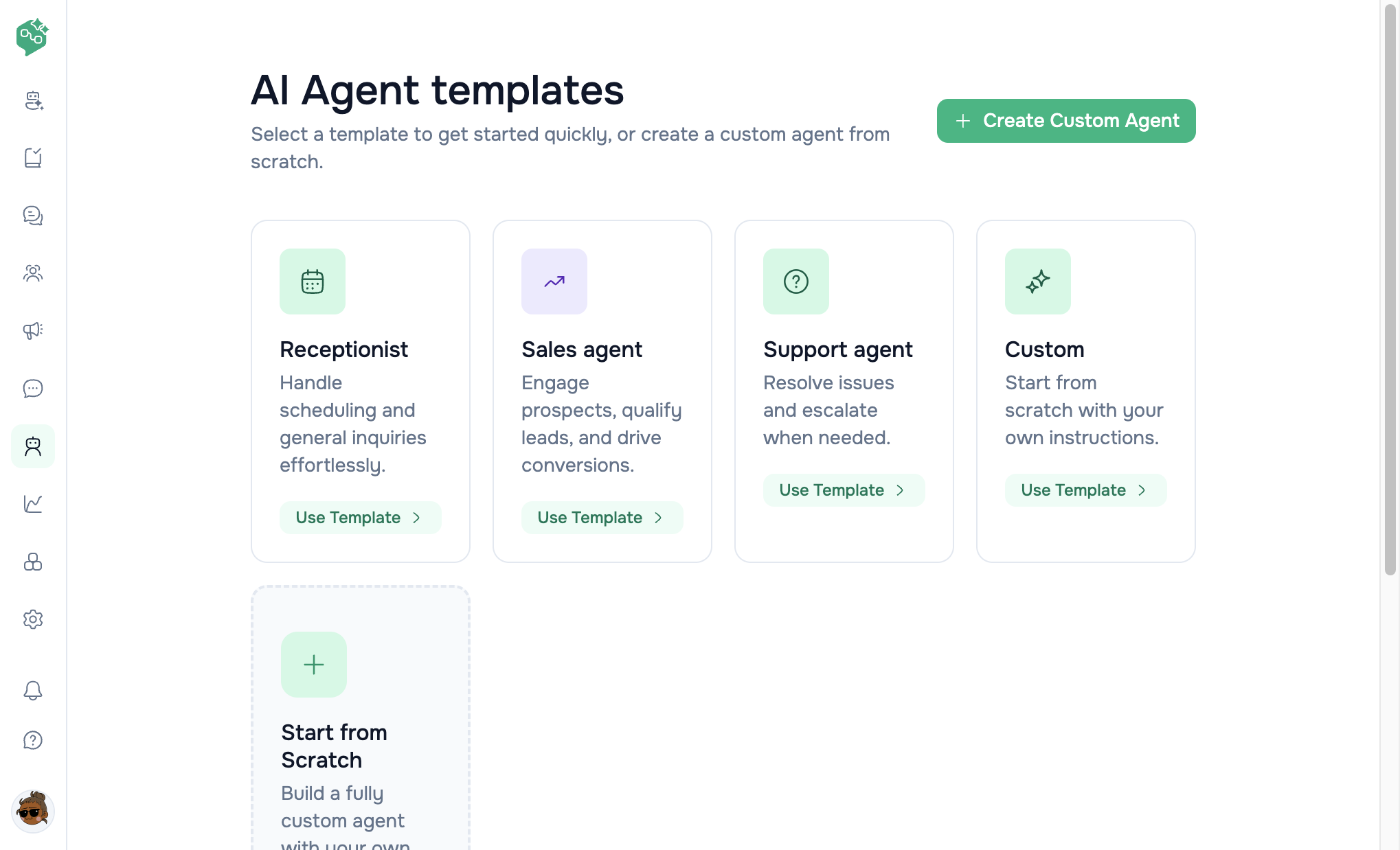 Vendschat AI Agent templates page with Receptionist, Sales agent, Support agent, Custom, and Start from Scratch cards.