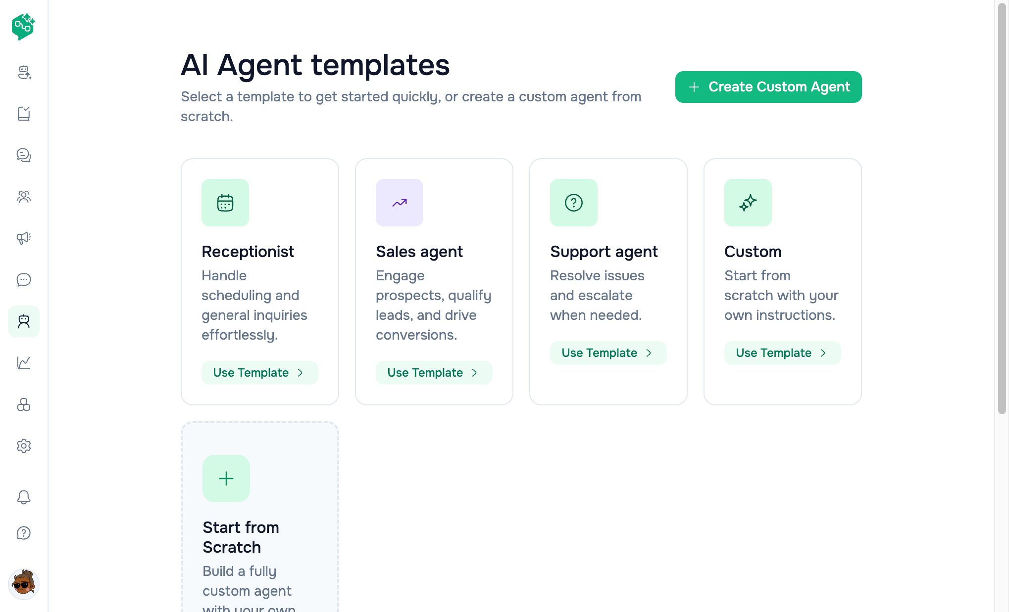 Vendschat AI Agent templates page with Receptionist, Sales agent, Support agent, Custom, and Start from Scratch cards.