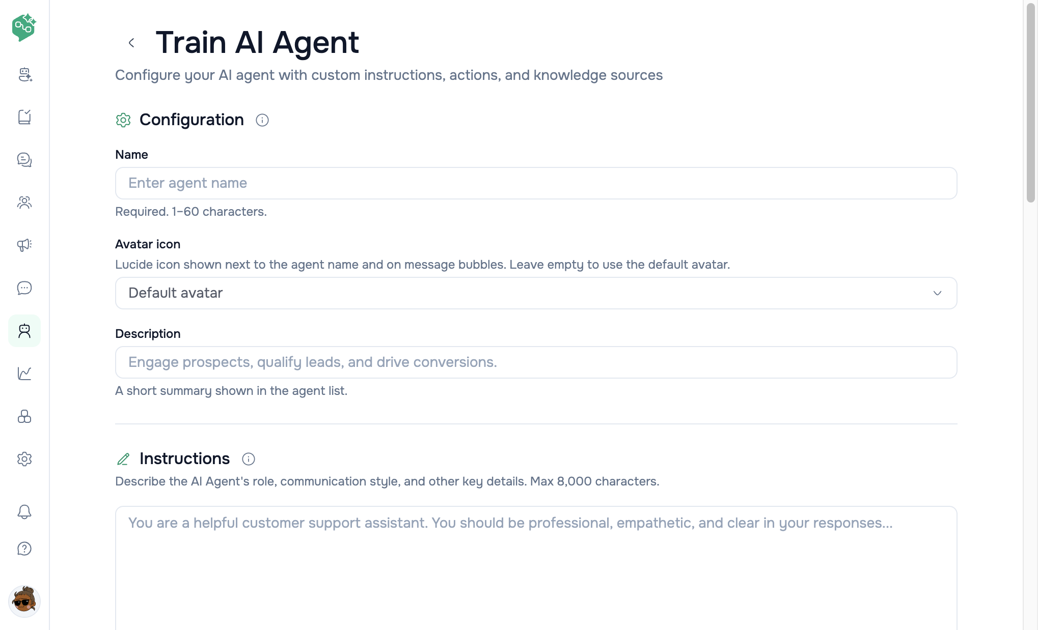 Vendschat Train AI Agent form showing Configuration fields for name, avatar, and description, plus the Instructions text area.