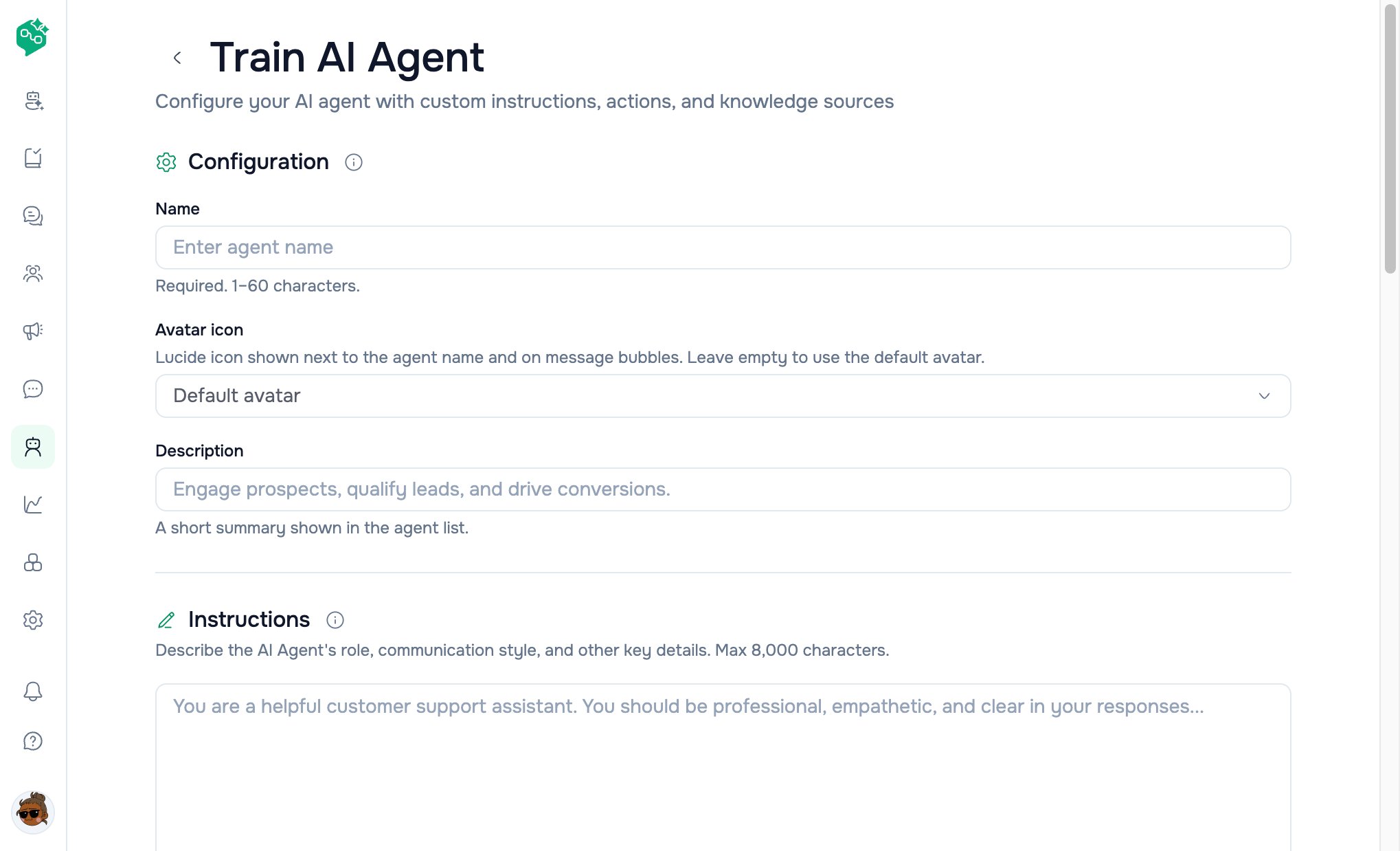 Vendschat Train AI Agent form showing Configuration fields for name, avatar, and description, plus the Instructions text area.