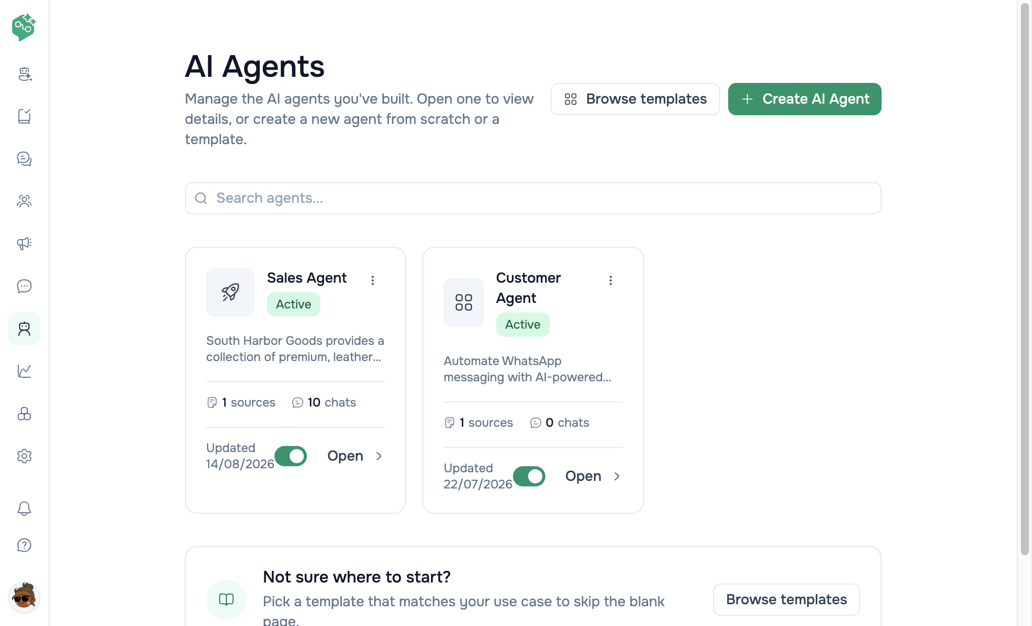 Vendschat AI Agents page with Browse templates, Create AI Agent, and cards for Sales Agent and Customer Agent, each with Active status and Open.