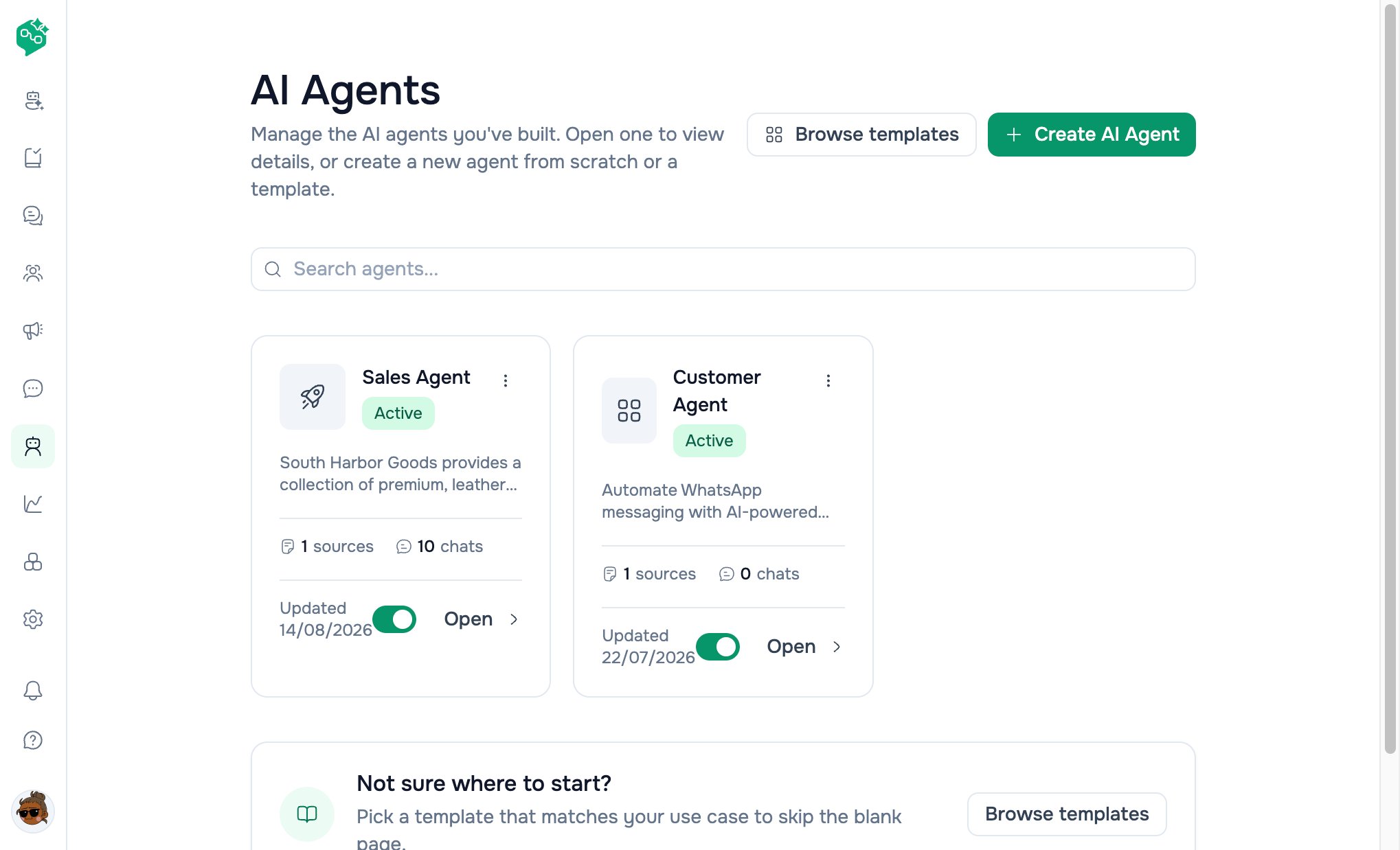 Vendschat AI Agents page with Browse templates, Create AI Agent, and cards for Sales Agent and Customer Agent, each with Active status and Open.