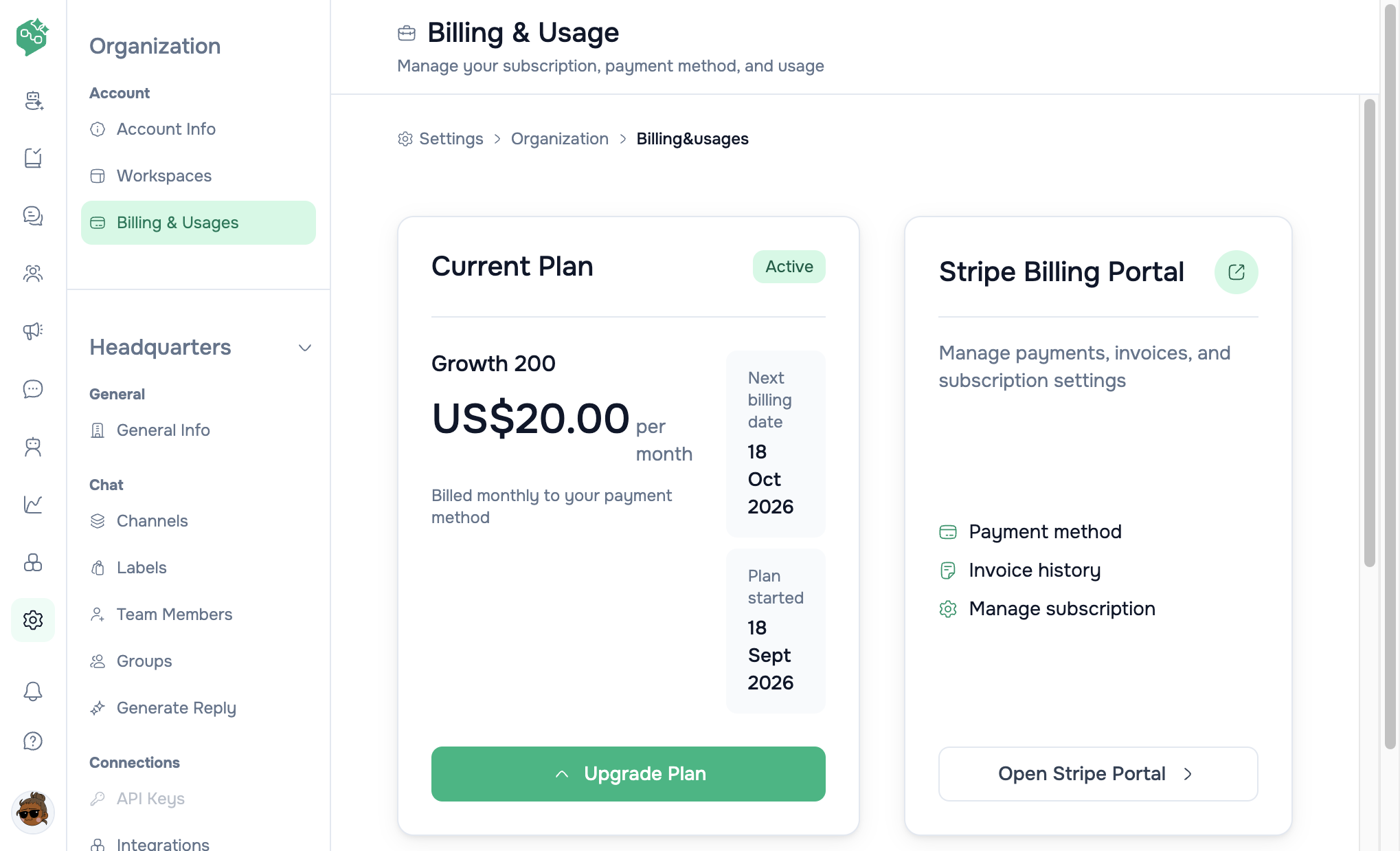 Vendschat Billing and Usage page showing a Growth 200 plan at US$20 per month, next billing date, and Open Stripe Portal.