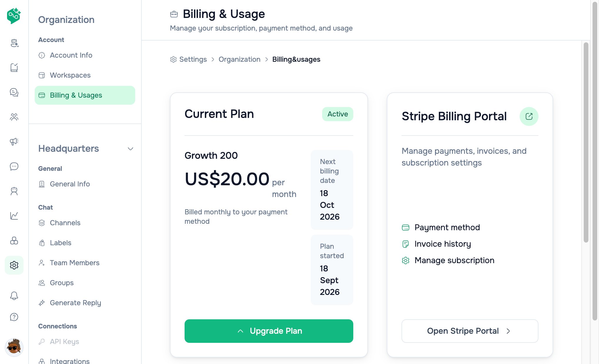 Vendschat Billing and Usage page showing a Growth 200 plan at US$20 per month, next billing date, and Open Stripe Portal.