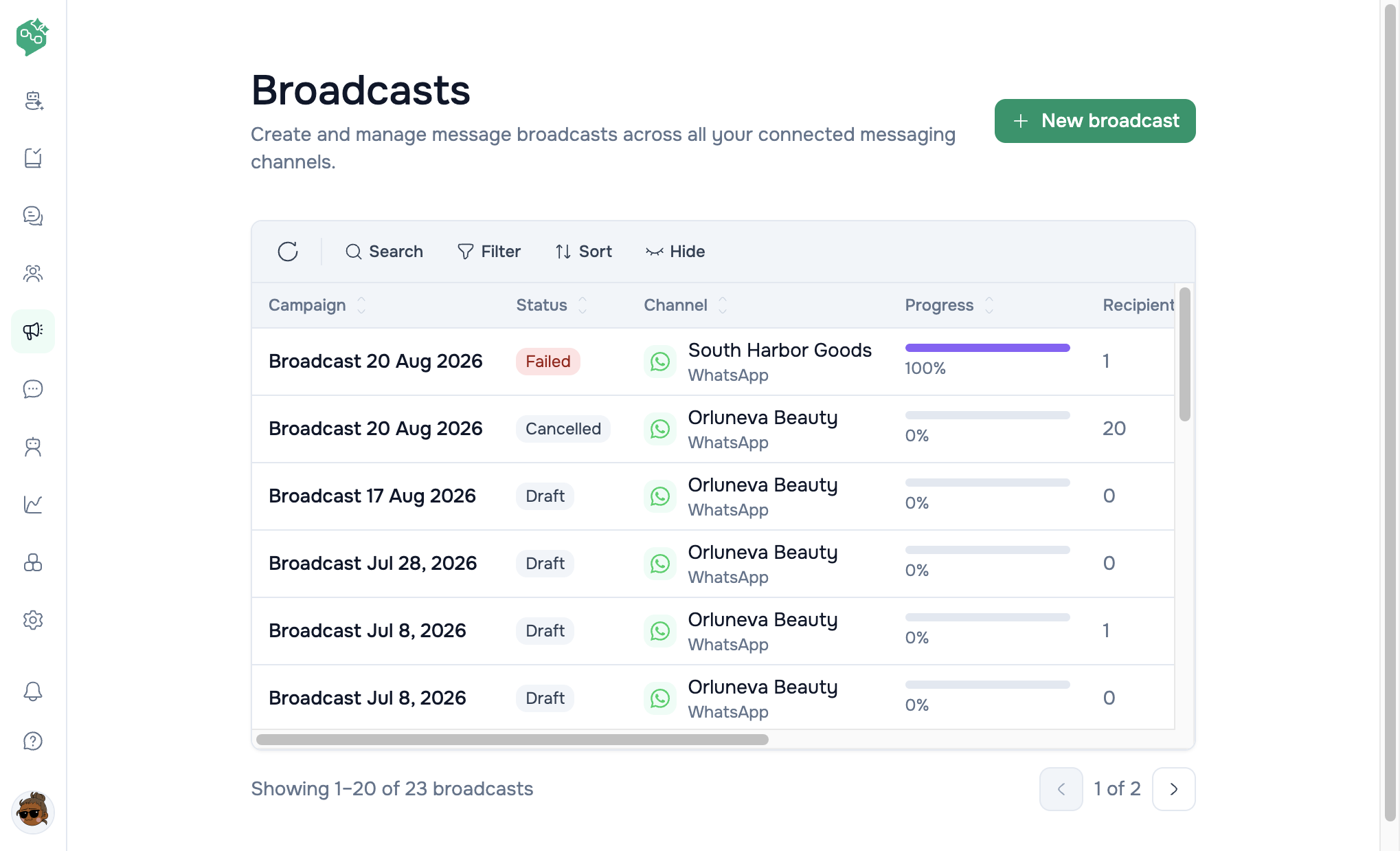 Vendschat Broadcasts page with New broadcast and a table of campaign name, status, channel, progress, and recipient count.