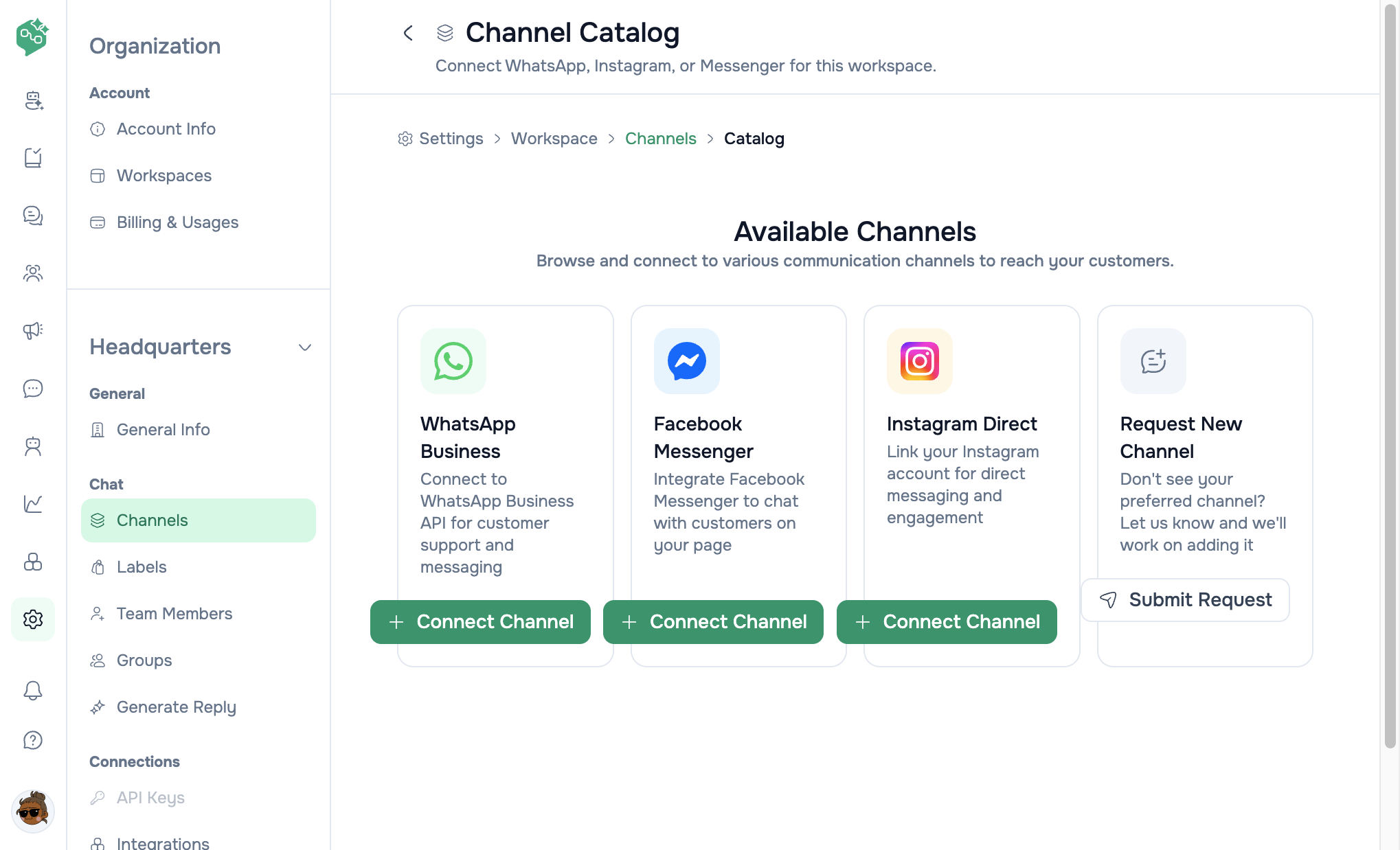 Vendschat Channel Catalog with WhatsApp Business as the first Connect Channel option.