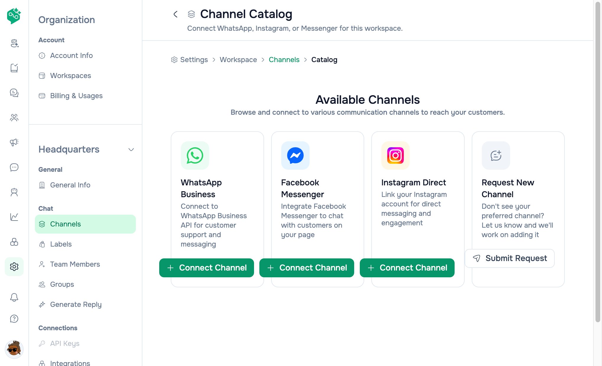 Vendschat Channel Catalog with WhatsApp Business as the first Connect Channel option.