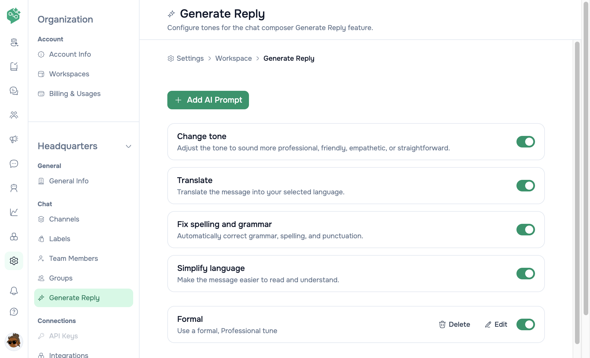 Vendschat Generate Reply settings with Add AI Prompt and toggles for Change tone, Translate, Fix spelling and grammar, Simplify language, and a custom Formal prompt.