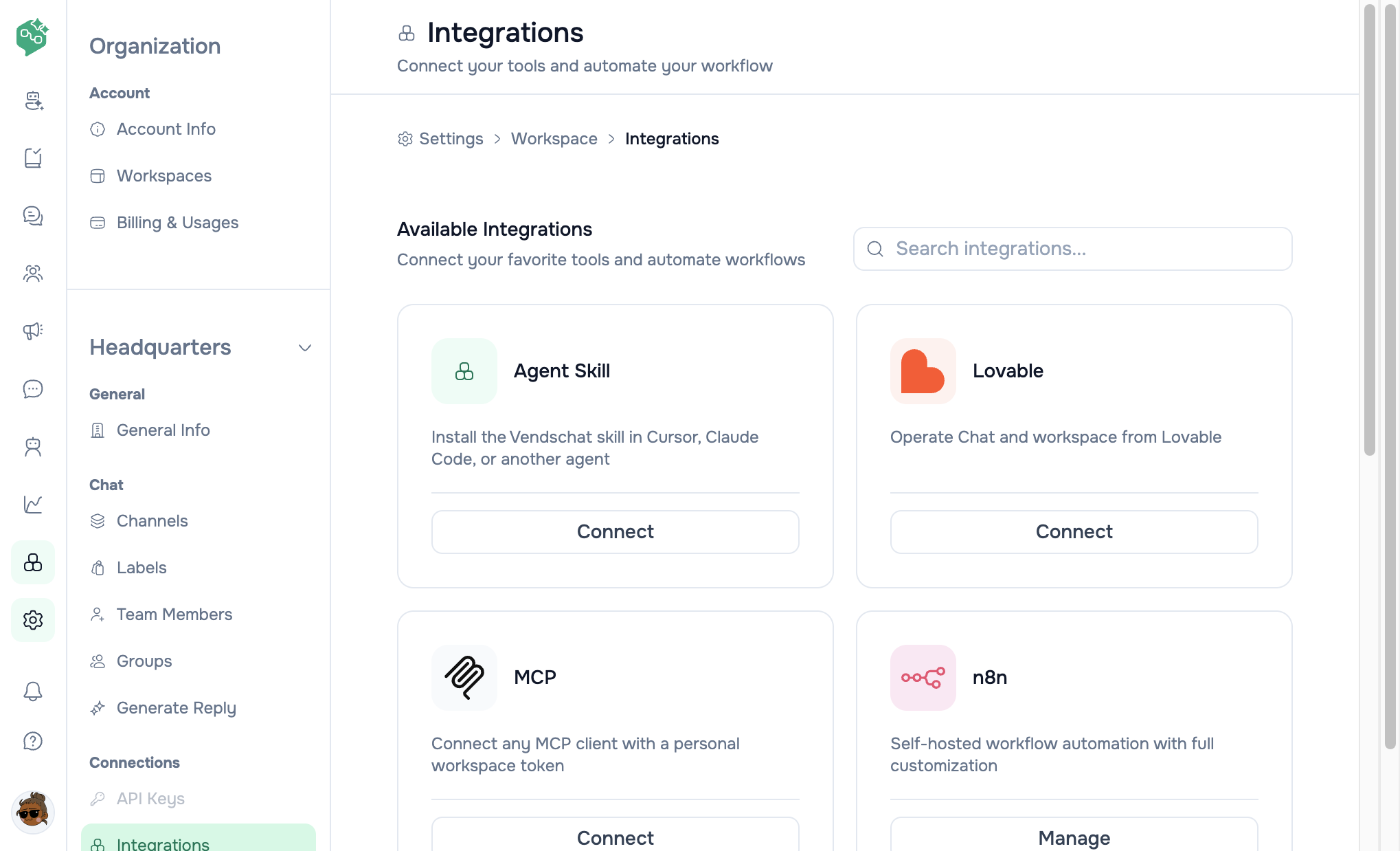 Vendschat Integrations page with Agent Skill, Lovable, MCP, and n8n cards. Agent Skill, Lovable, and MCP show Connect.
