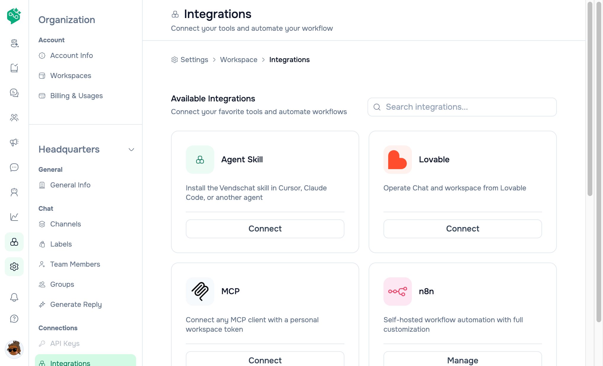 Vendschat Integrations page with Agent Skill, Lovable, MCP, and n8n cards. Agent Skill, Lovable, and MCP show Connect.