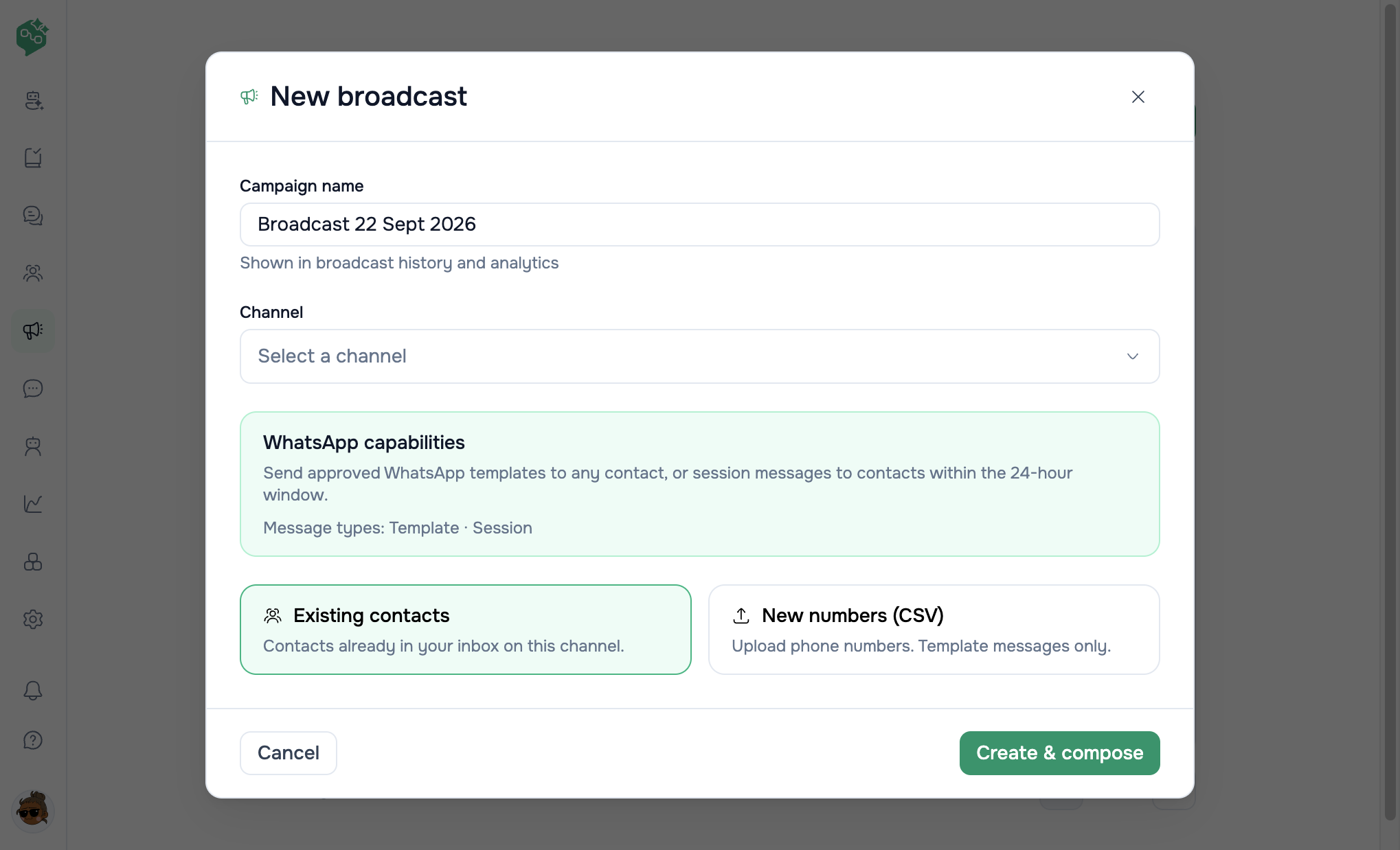 Vendschat New broadcast dialog with campaign name, channel, WhatsApp capabilities callout, Existing contacts, New numbers CSV, and Create and compose.