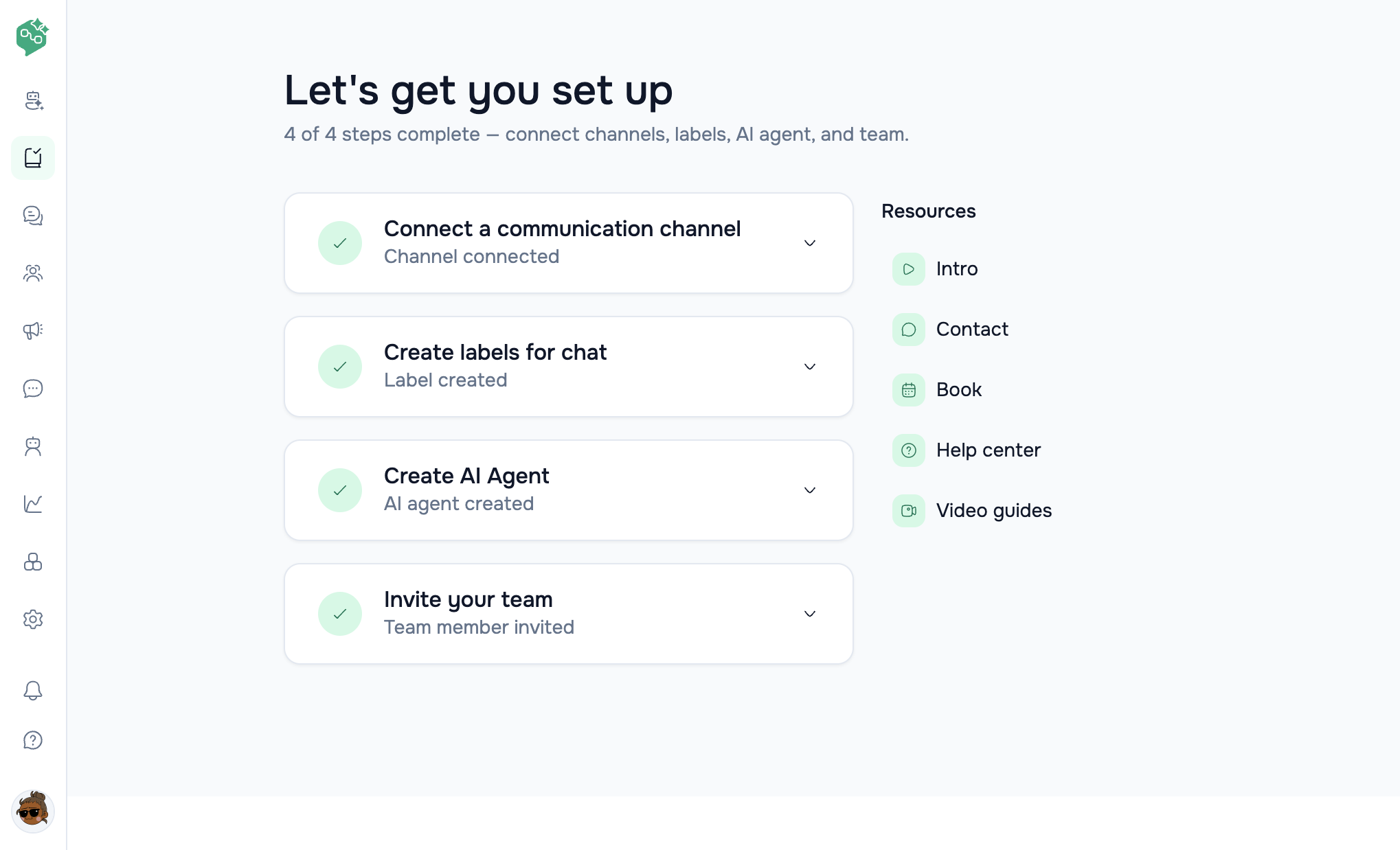 Vendschat Onboarding page titled Let's get you set up, with four completed steps for channel, labels, AI Agent, and team.