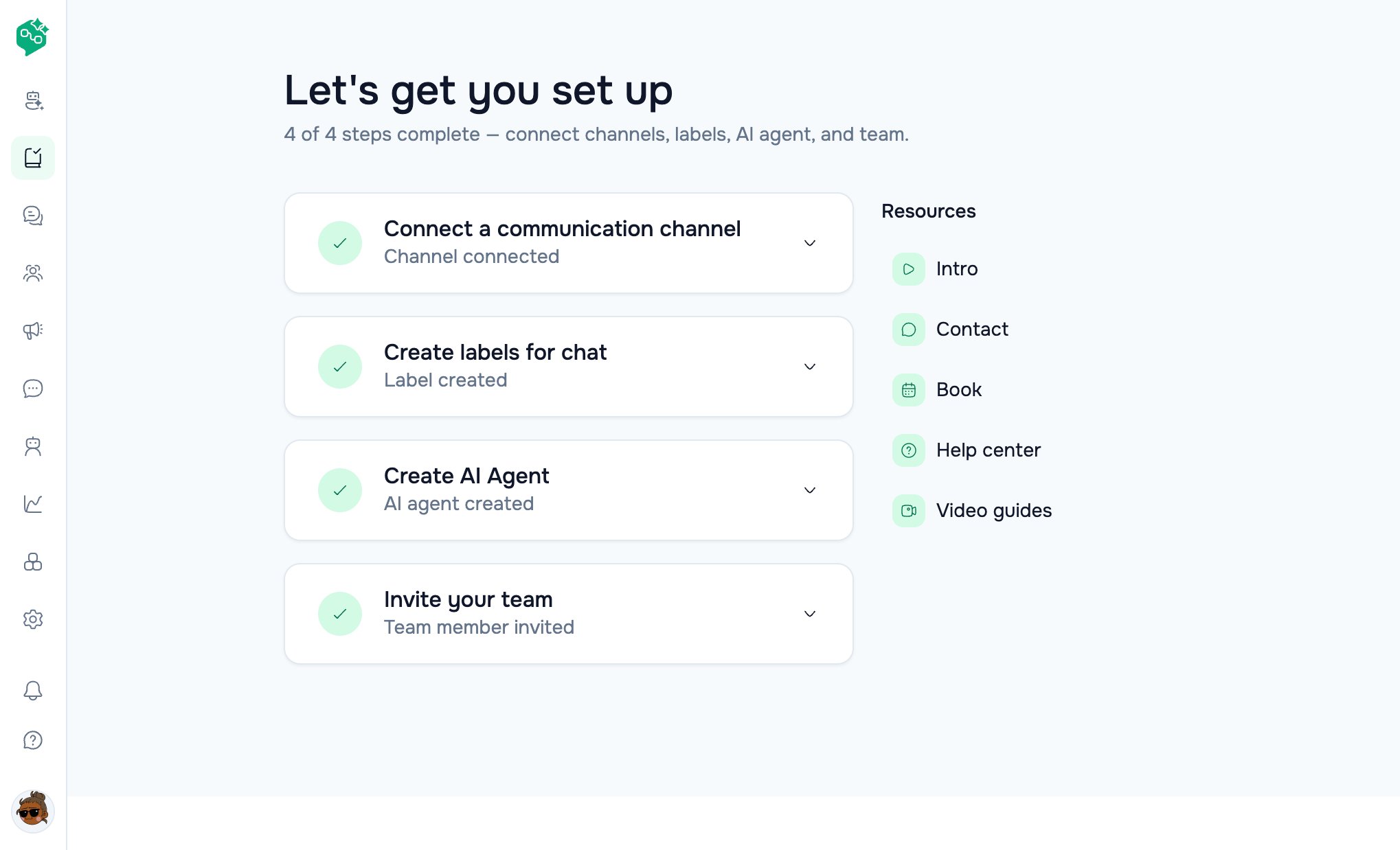 Vendschat Onboarding page titled Let's get you set up, with four completed steps for channel, labels, AI Agent, and team.