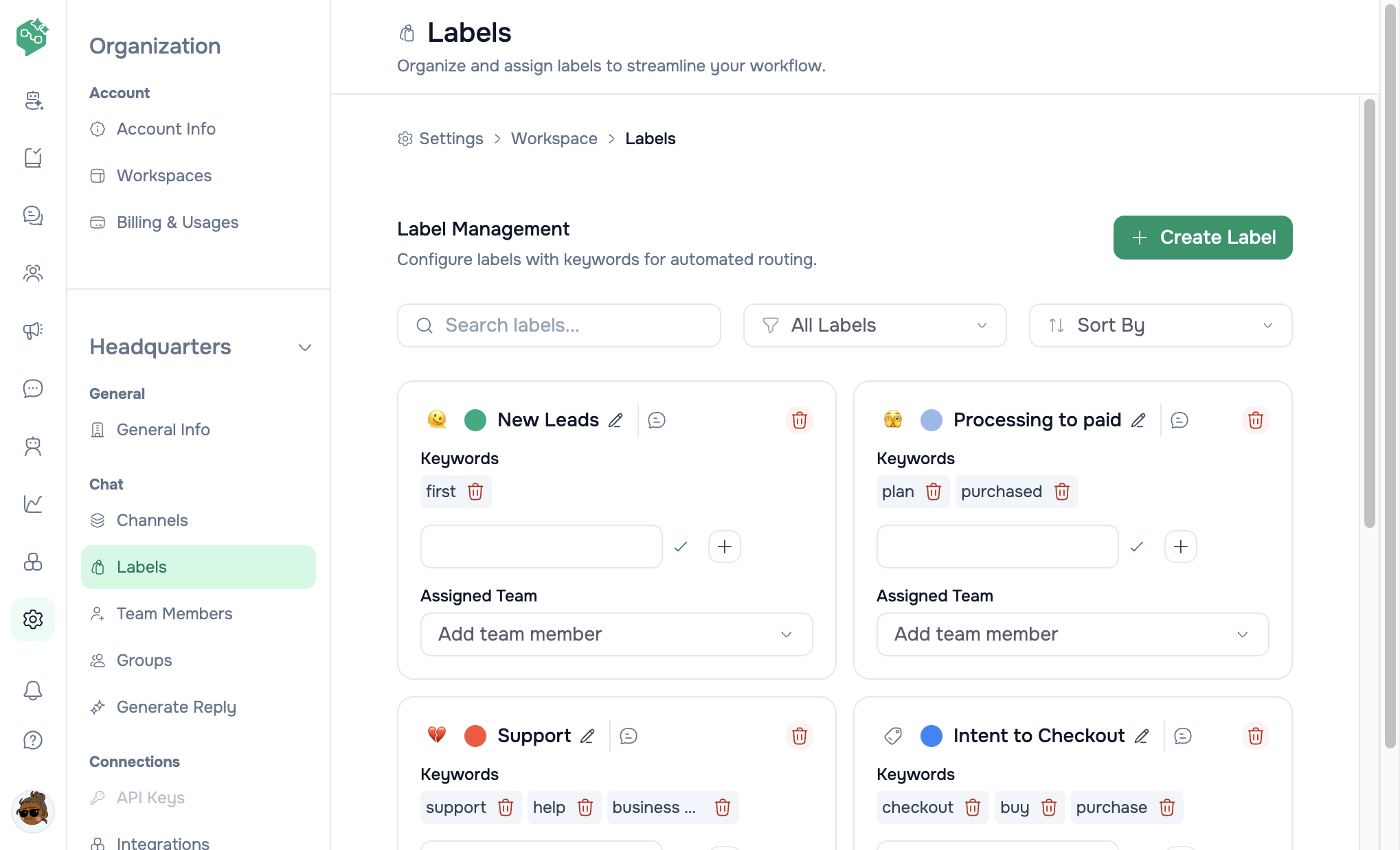 Vendschat Labels settings with Create Label and label cards that include keywords for automated routing.