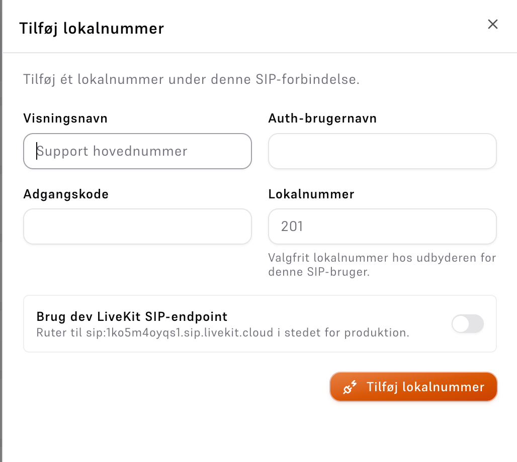 Tilføj lokalnummer med felter for auth-brugernavn, adgangskode og lokalnummer