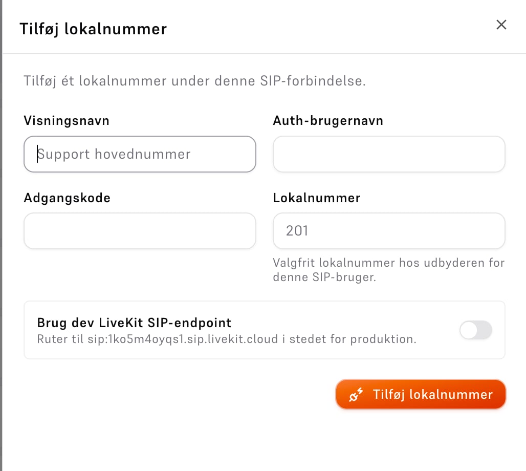 Tilføj lokalnummer med felter for auth-brugernavn, adgangskode og lokalnummer