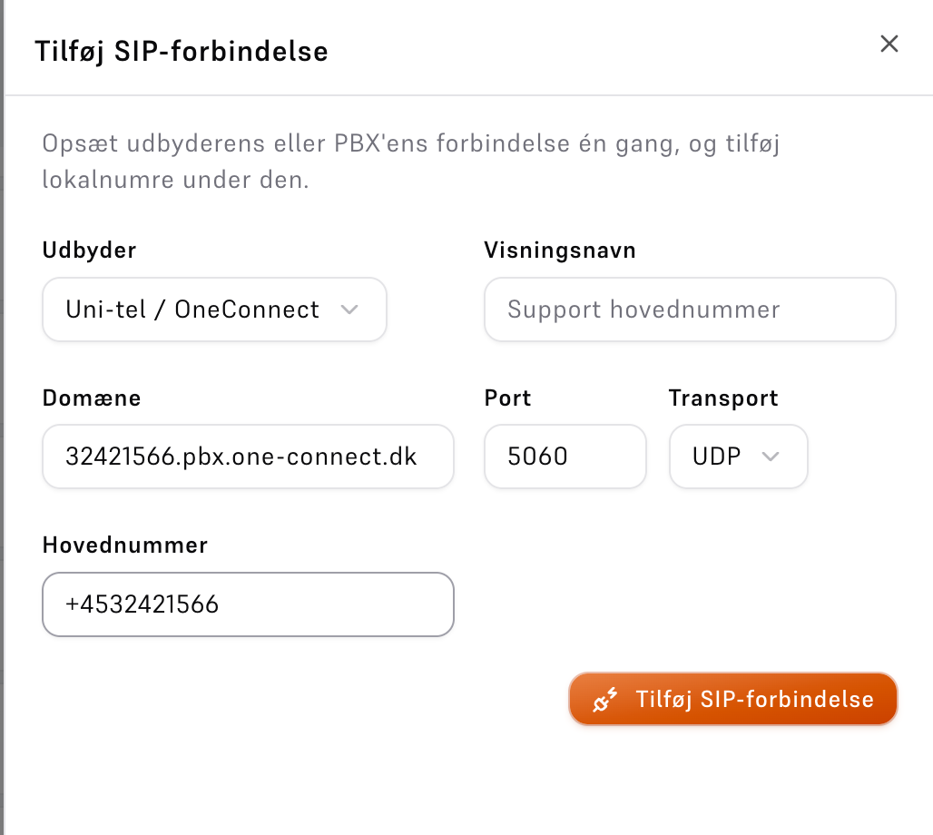 Tilføj SIP-forbindelse med udbyder, hovednummer og automatisk udfyldt domæne
