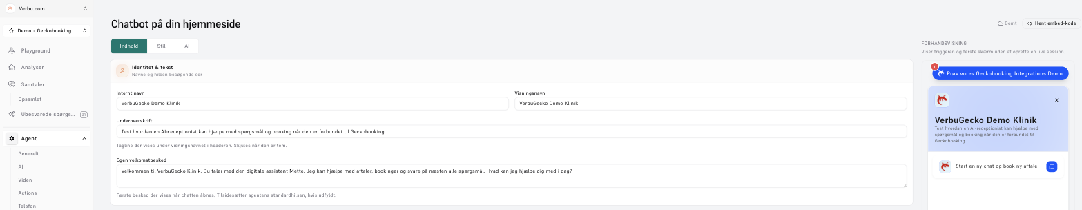 Chatbot-siden med fanerne Indhold, Stil og AI, panelet Identitet & tekst og forhåndsvisningen med knappen Hent embed-kode