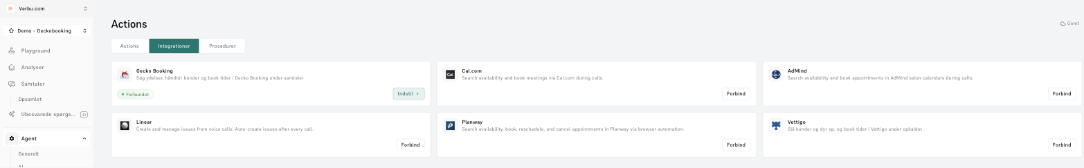 Fanen Integrationer med kort for Gecko Booking, Cal.com, AdMind, Linear, Planway og Vettigo