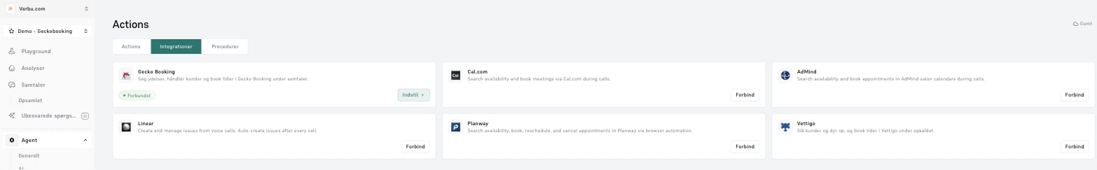 Fanen Integrationer med kort for Gecko Booking, Cal.com, AdMind, Linear, Planway og Vettigo