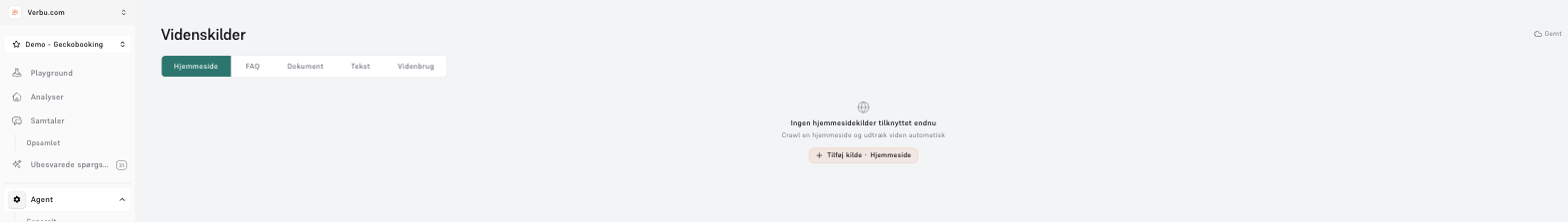 Videnskilder-siden med fanerne Hjemmeside, FAQ, Dokument, Tekst og Videnbrug samt knappen Tilføj kilde