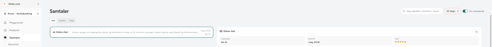 Samtaler-siden med fanerne Alle, Telefon og Chat, søgefelt, periodevælger, Vis testopkald og en åben samtale med varighed, starttidspunkt og CSAT