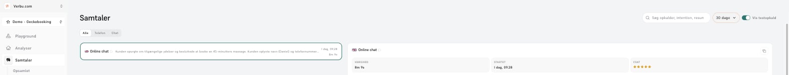 Samtaler-siden med fanerne Alle, Telefon og Chat, søgefelt, periodevælger, Vis testopkald og en åben samtale med varighed, starttidspunkt og CSAT