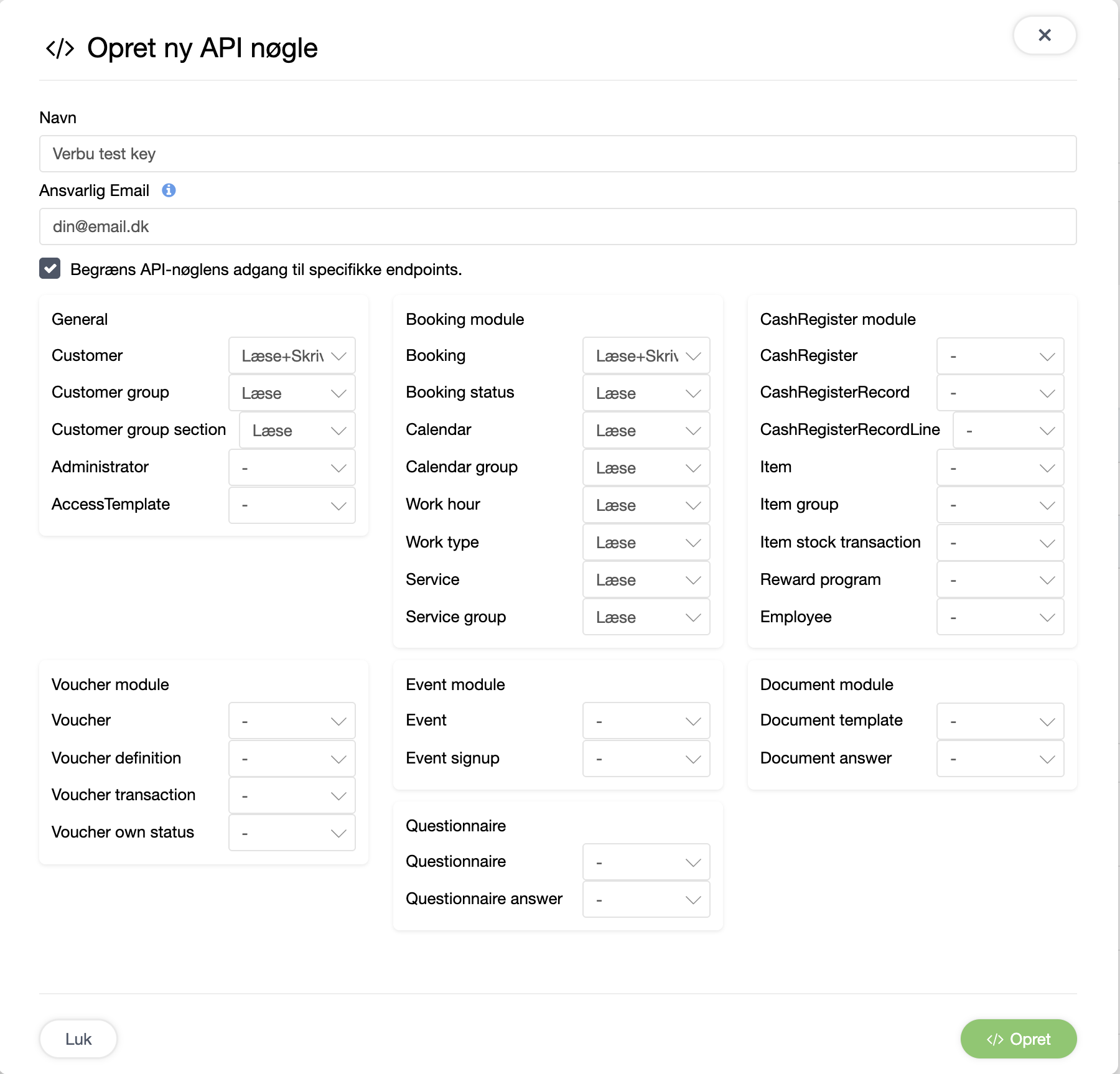 API-nøgle dialog med rettigheder sat: Customer Læse+Skriv, Booking, Calendar og Service alle Læse