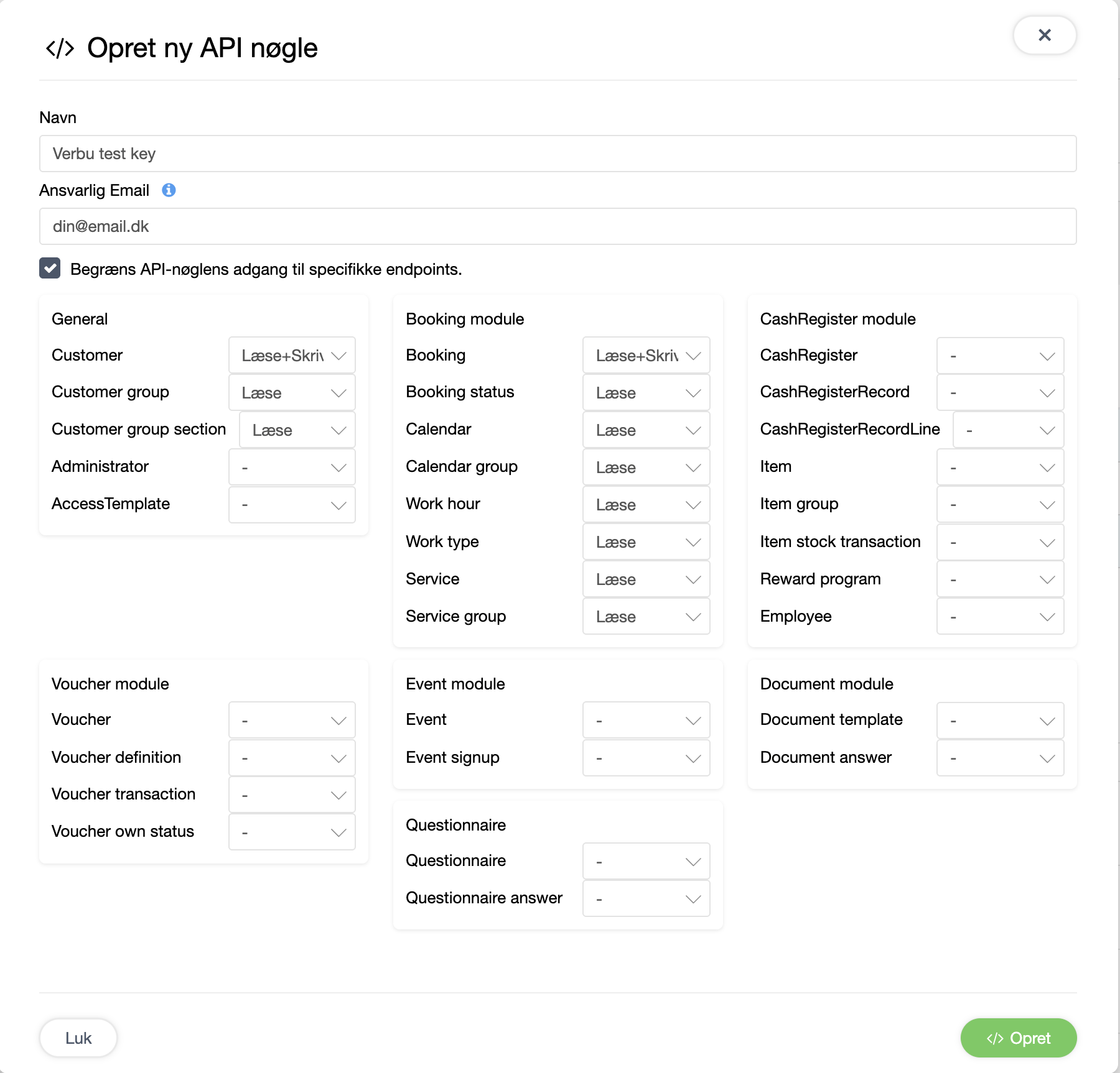 API-nøgle dialog med rettigheder sat: Customer Læse+Skriv, Booking, Calendar og Service alle Læse