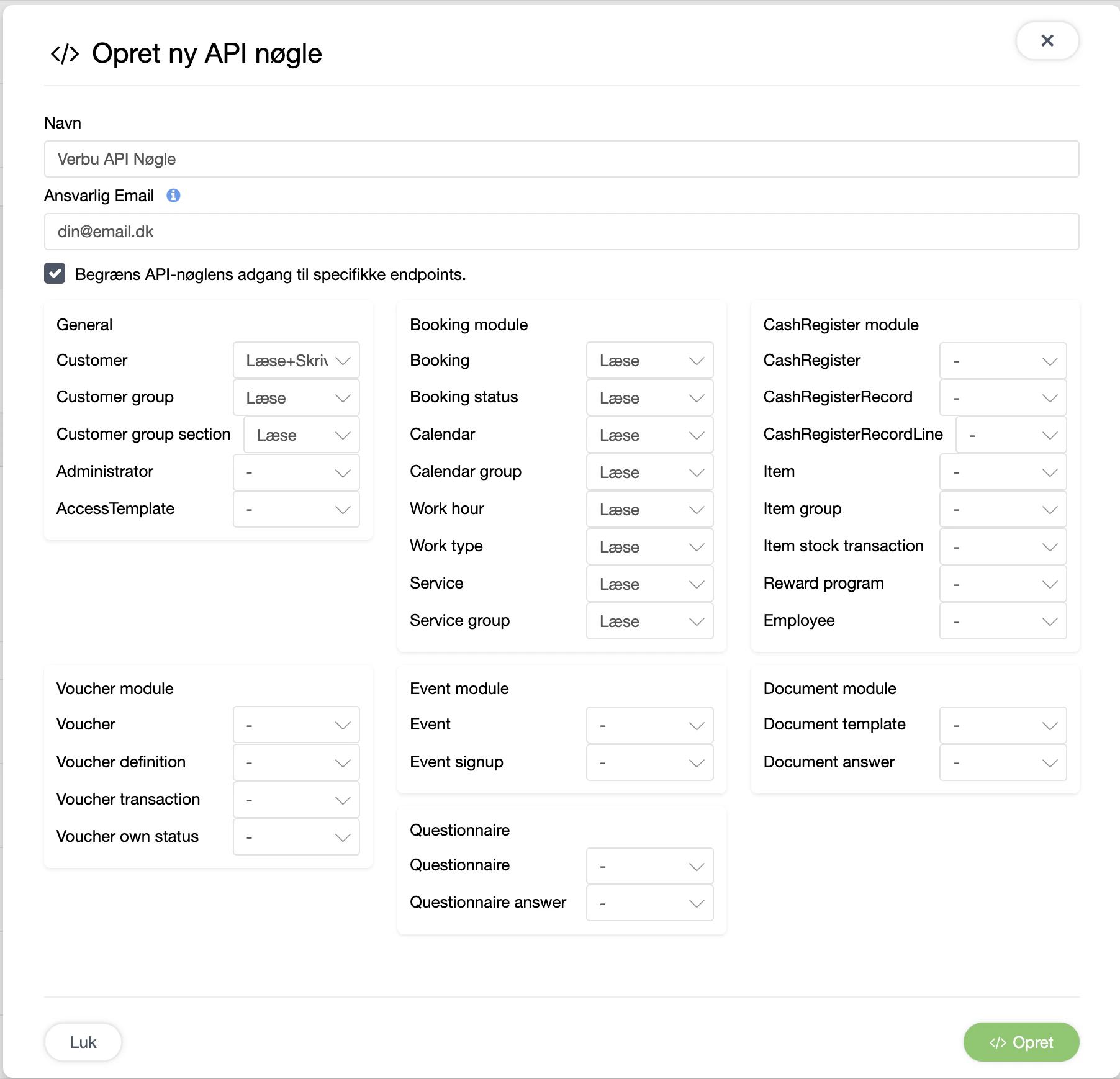 API-nøgle dialog med rettigheder sat: Customer Læse+Skriv, Booking, Calendar og Service alle Læse