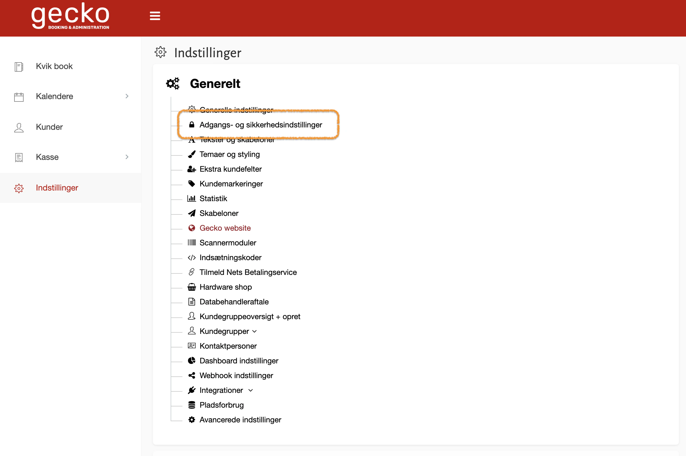 Gecko Booking indstillinger med Adgangs- og sikkerhedsindstillinger fremhævet