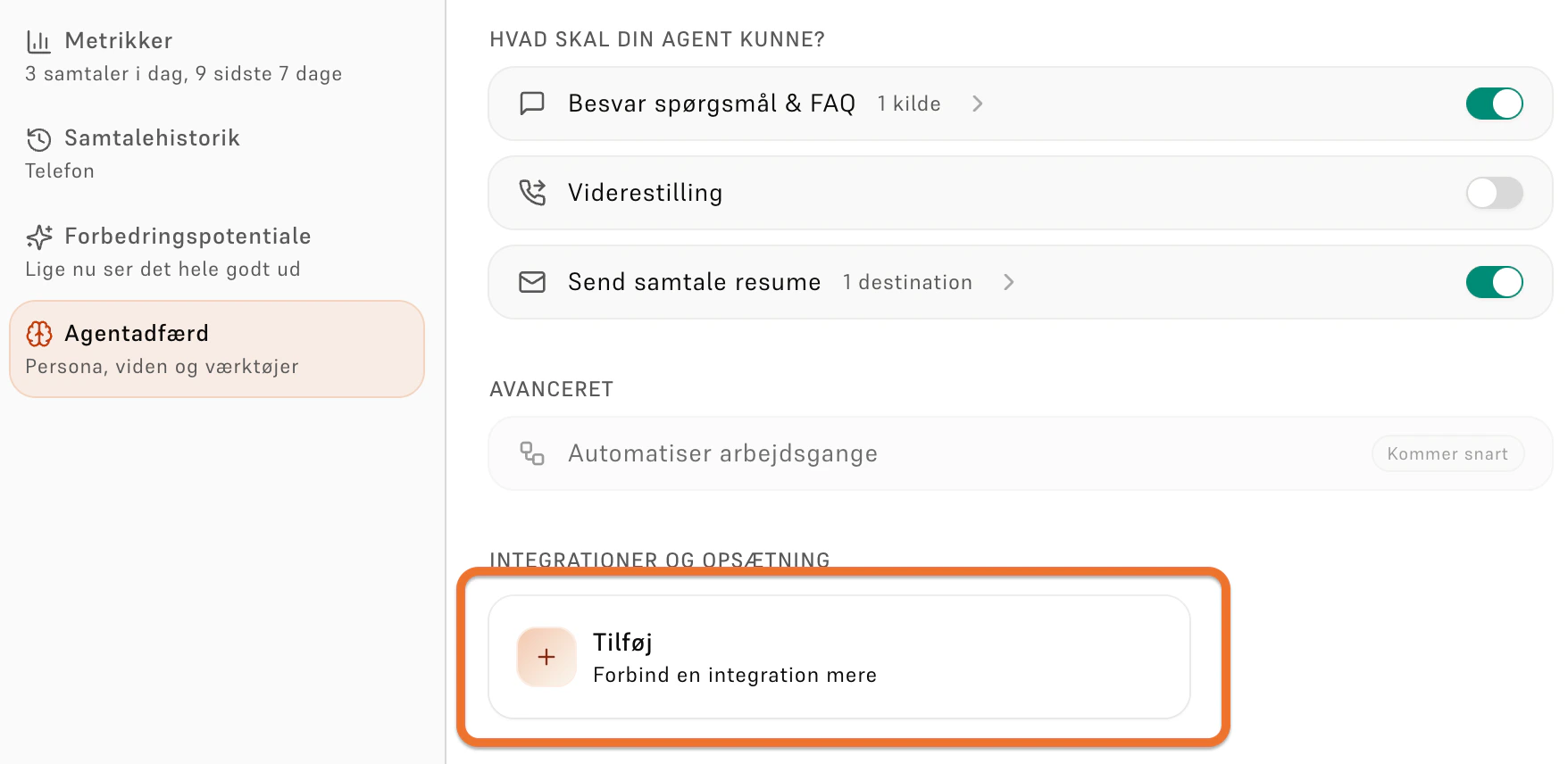 Verbu Agentadfærd-side med Tilføj-knap under Integrationer og opsætning fremhævet