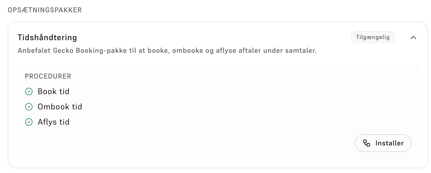 Opsætningspakker med Tidshåndtering og Installer-knap