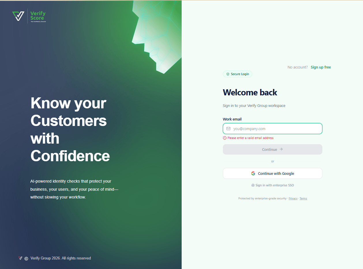 The Verify Group login screen showing the email and password fields