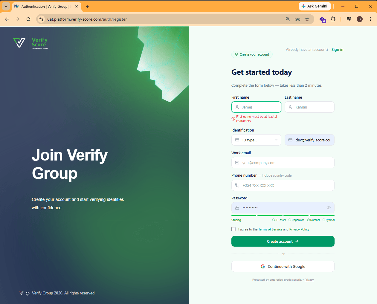 The Verify Group registration screen showing the account creation form