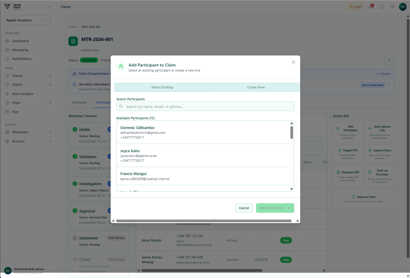 The Add Participant modal showing the search and role assignment form