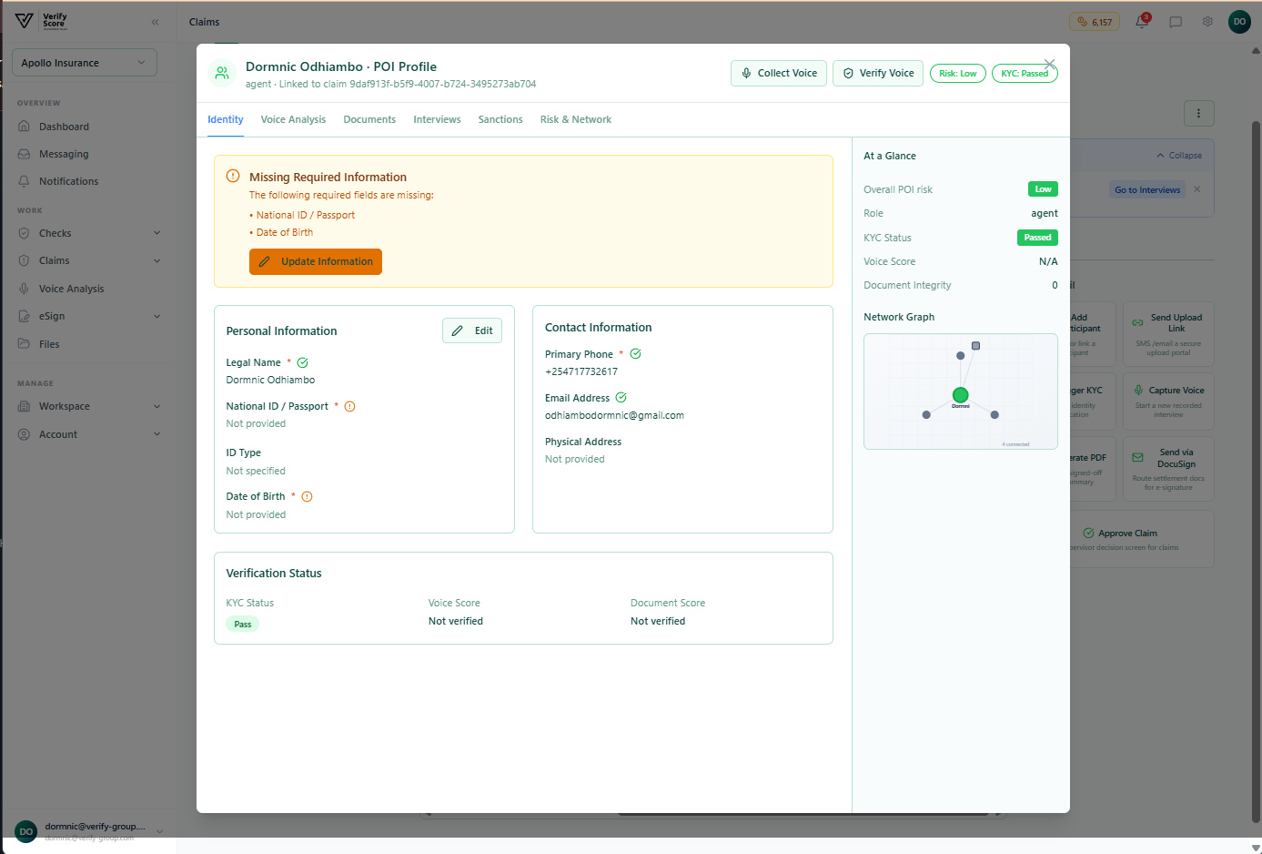 The Participant Profile modal showing detailed KYC status, voice analysis, and risk indicators