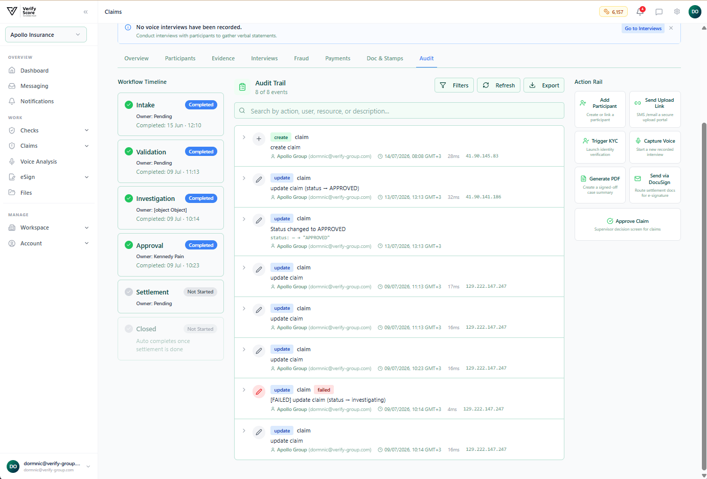The Claims Audit Log showing every action taken on the claim with timestamps and user names