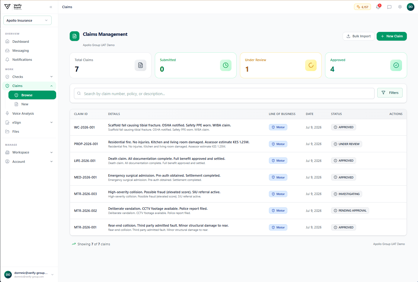 The Claims Management list screen showing all active claims with status badges