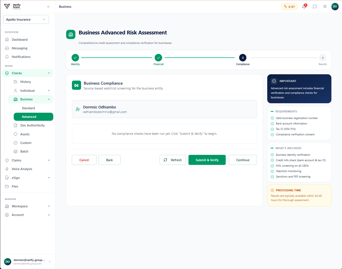 The Advanced Business KYC compliance screen showing sanctions and enforcement data