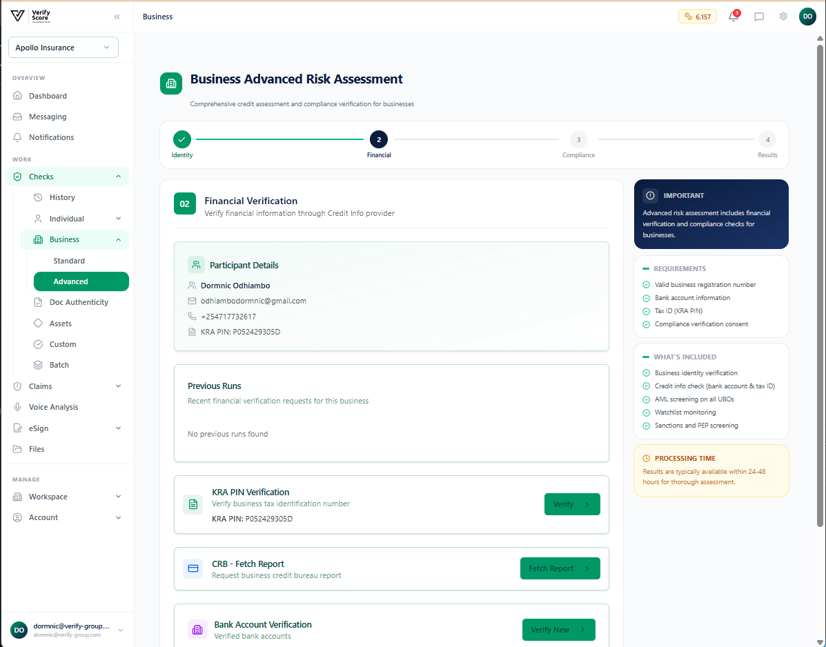 The Advanced Business KYC financial screen showing creditworthiness and financial data