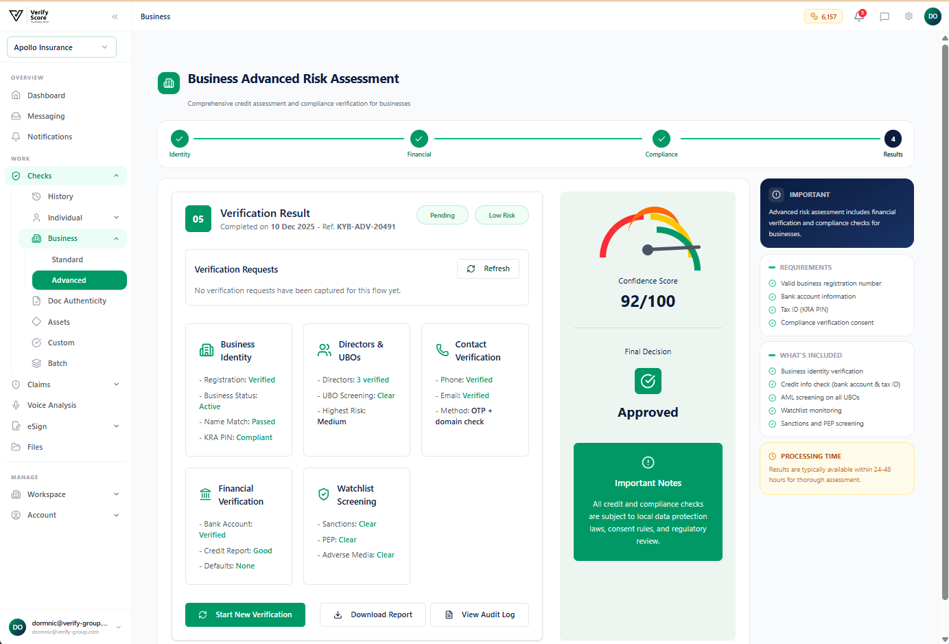 The Advanced Business KYC results screen showing all steps and overall risk rating