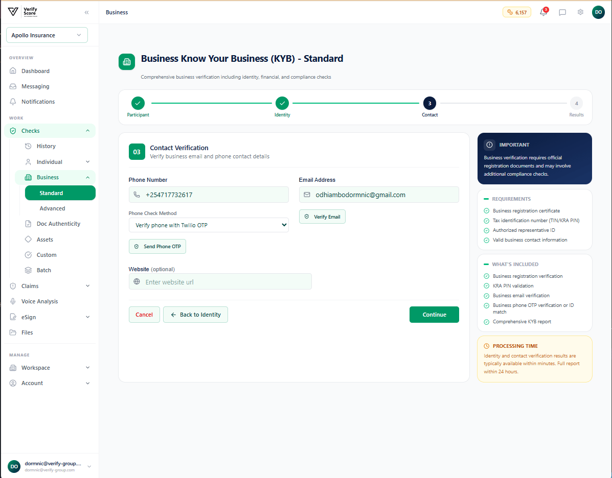 The Standard Business KYC contact verification screen