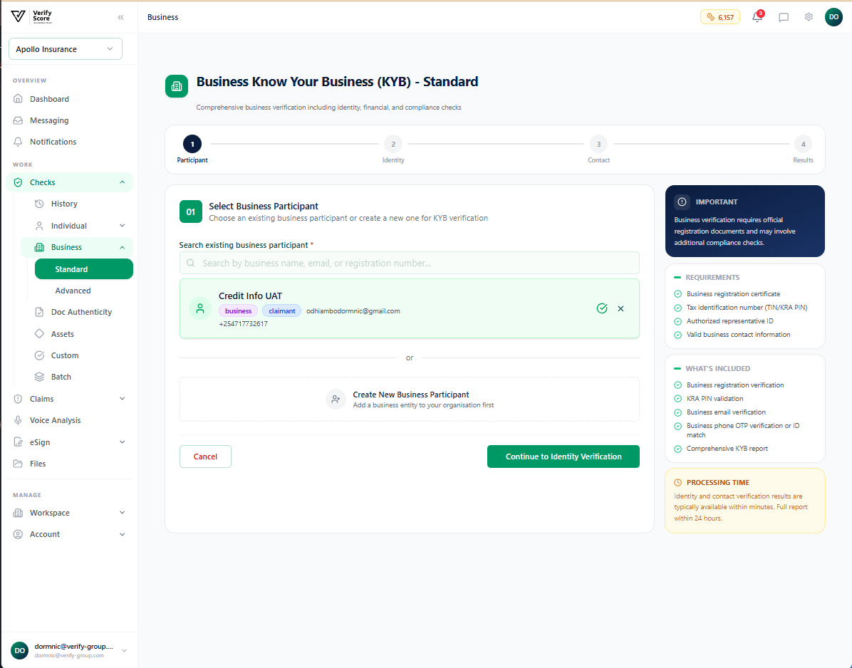 The Standard Business KYC initial screen showing the company registration form