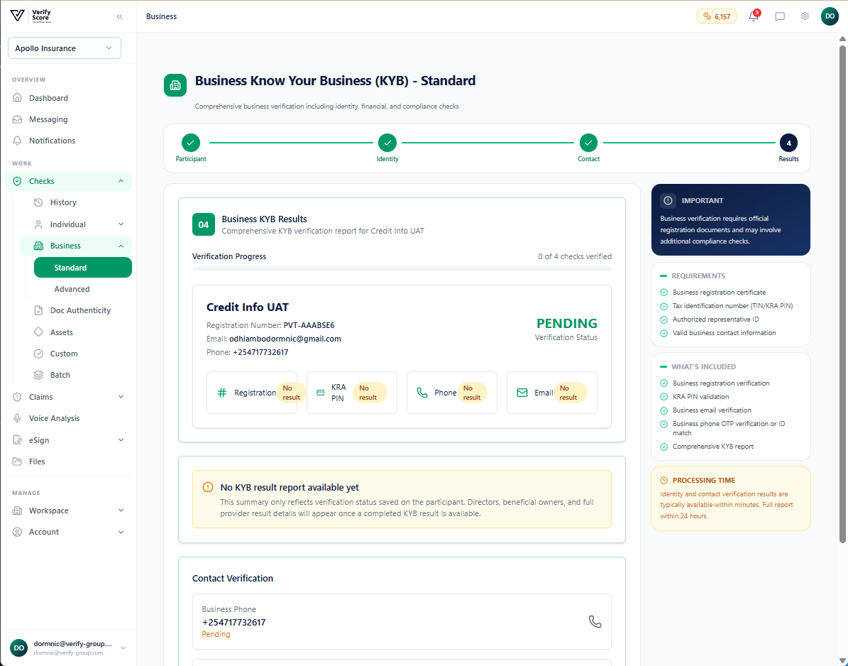 The Standard Business KYC results summary screen