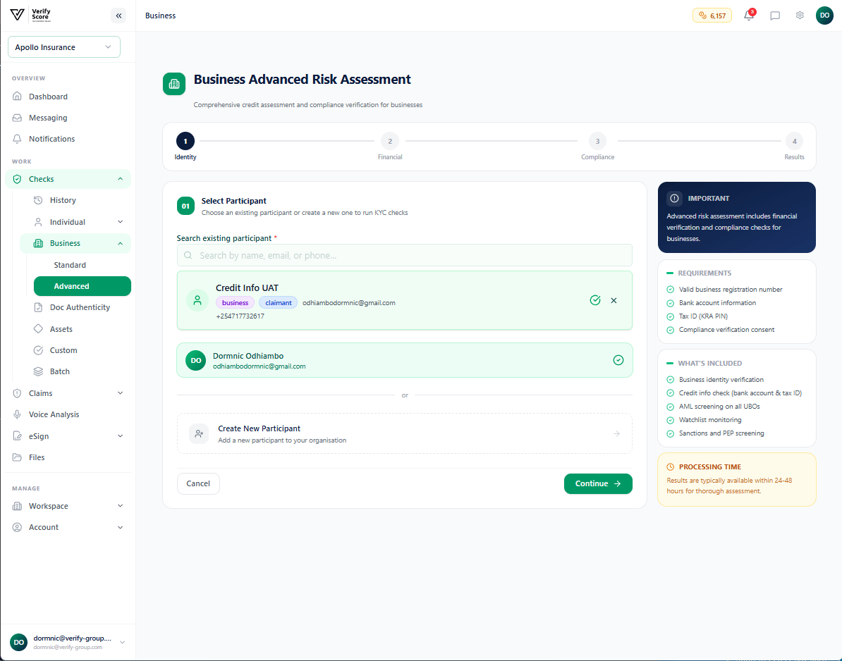 The Advanced Business KYC initial screen showing the multi-step progress