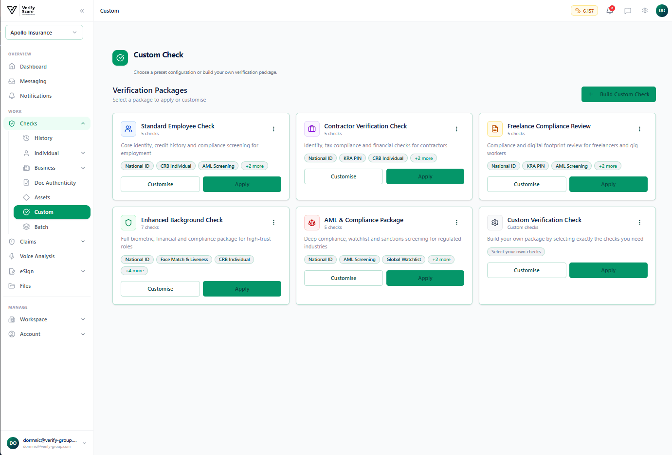The Custom Checks screen showing available check types and configuration options