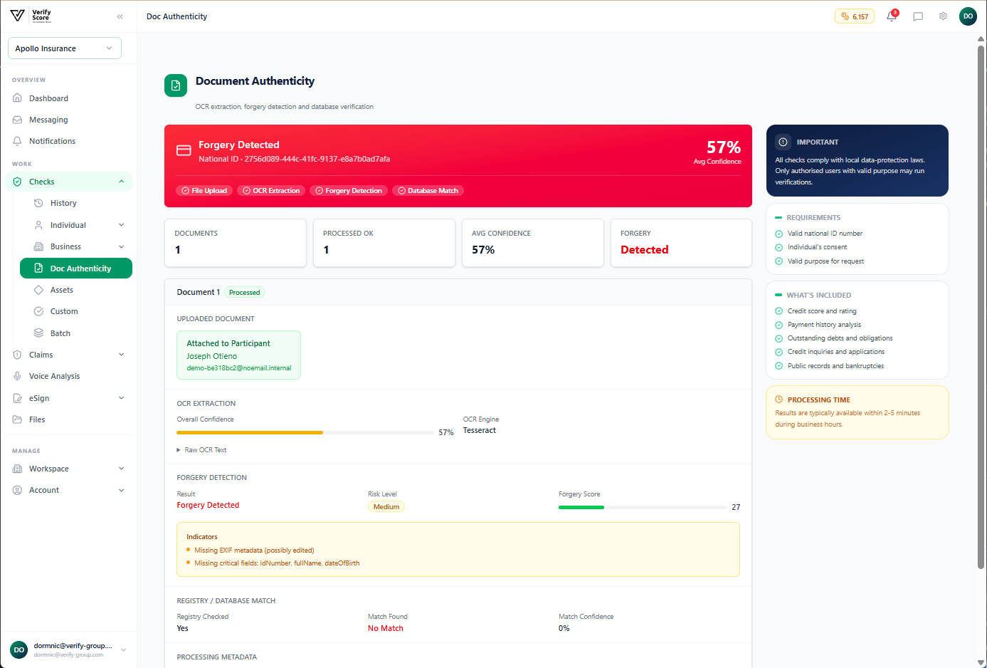 The Document Authenticity results screen showing extracted data and authenticity scores
